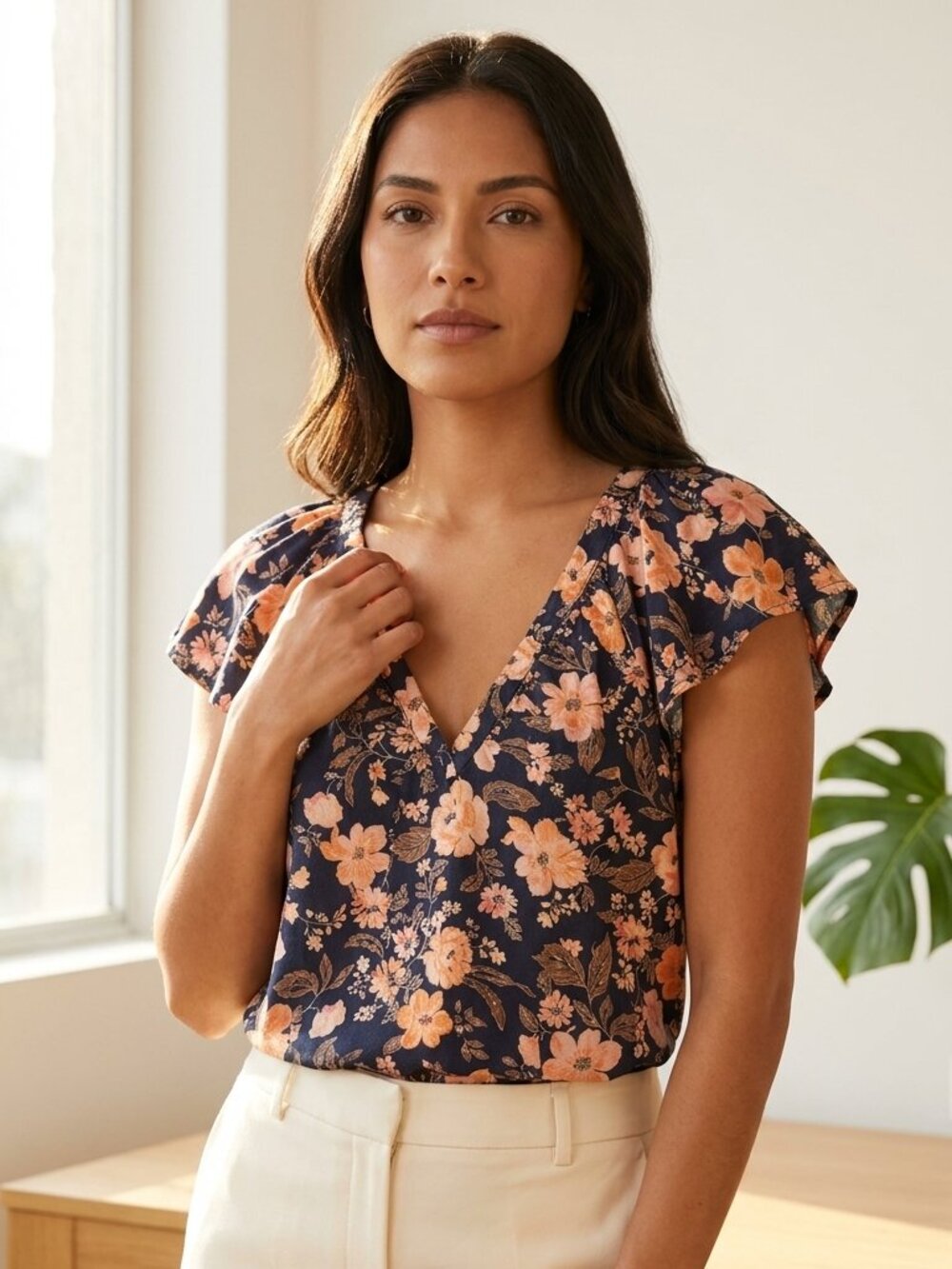 Old Navy Women’s Floral Top Size Medium Navy Peach Coral V-Neck Short Sleeve